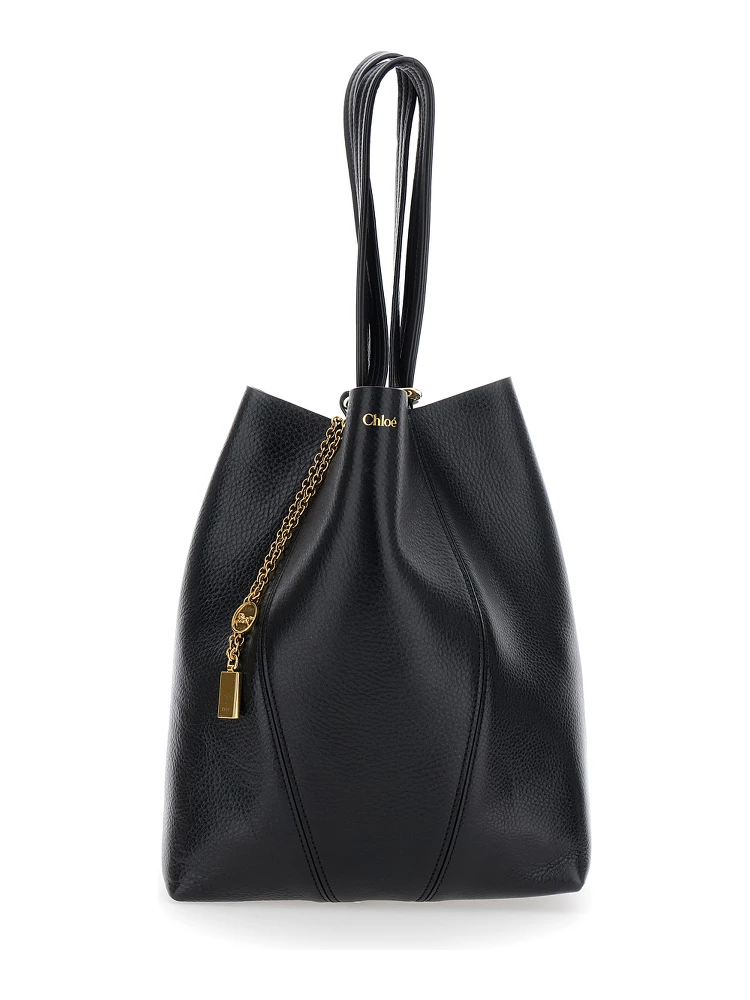 Spin Black Shoulder Bag with Metal Logo Medals in Grained Leather Woman