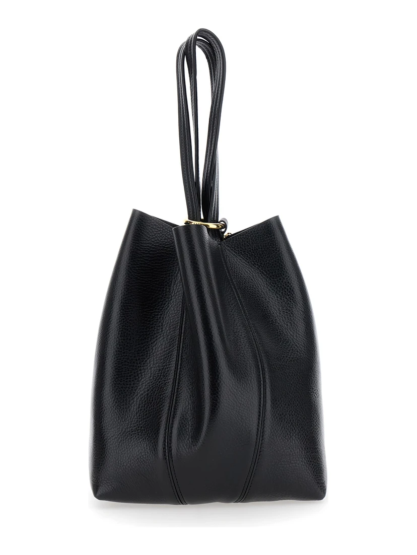 Spin Black Shoulder Bag with Metal Logo Medals in Grained Leather Woman