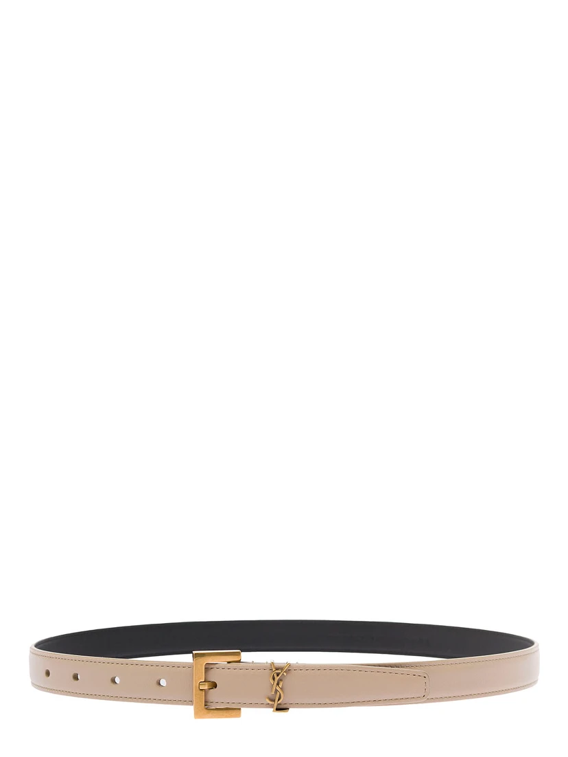 YSL Beige Leather Belt with Logo Buckle Woman Saint Laurent