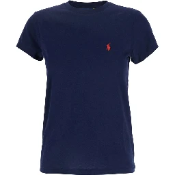 Blue Crewneck T-Shirt with Contrasting Logo Embrodery in Cotton Woman
