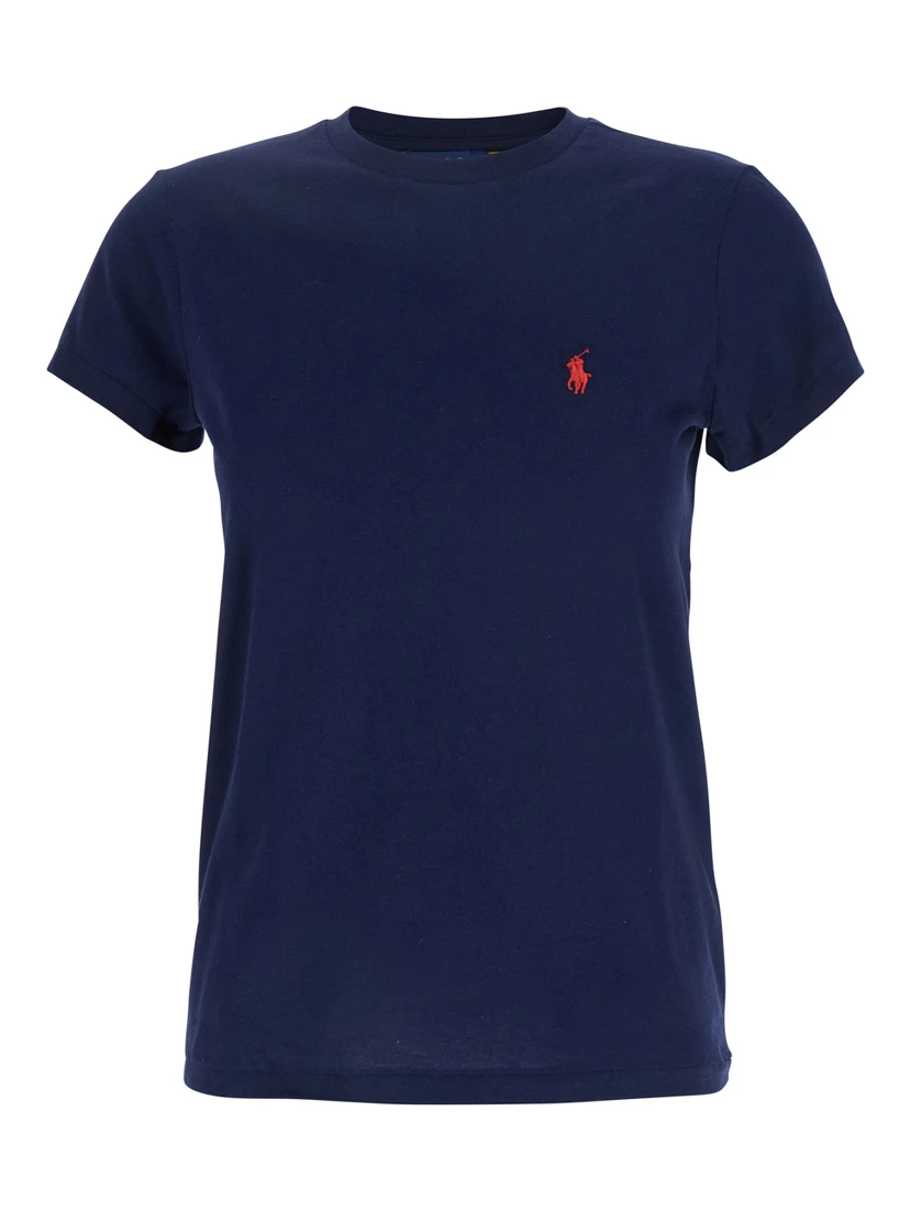 Blue Crewneck T-Shirt with Contrasting Logo Embrodery in Cotton Woman