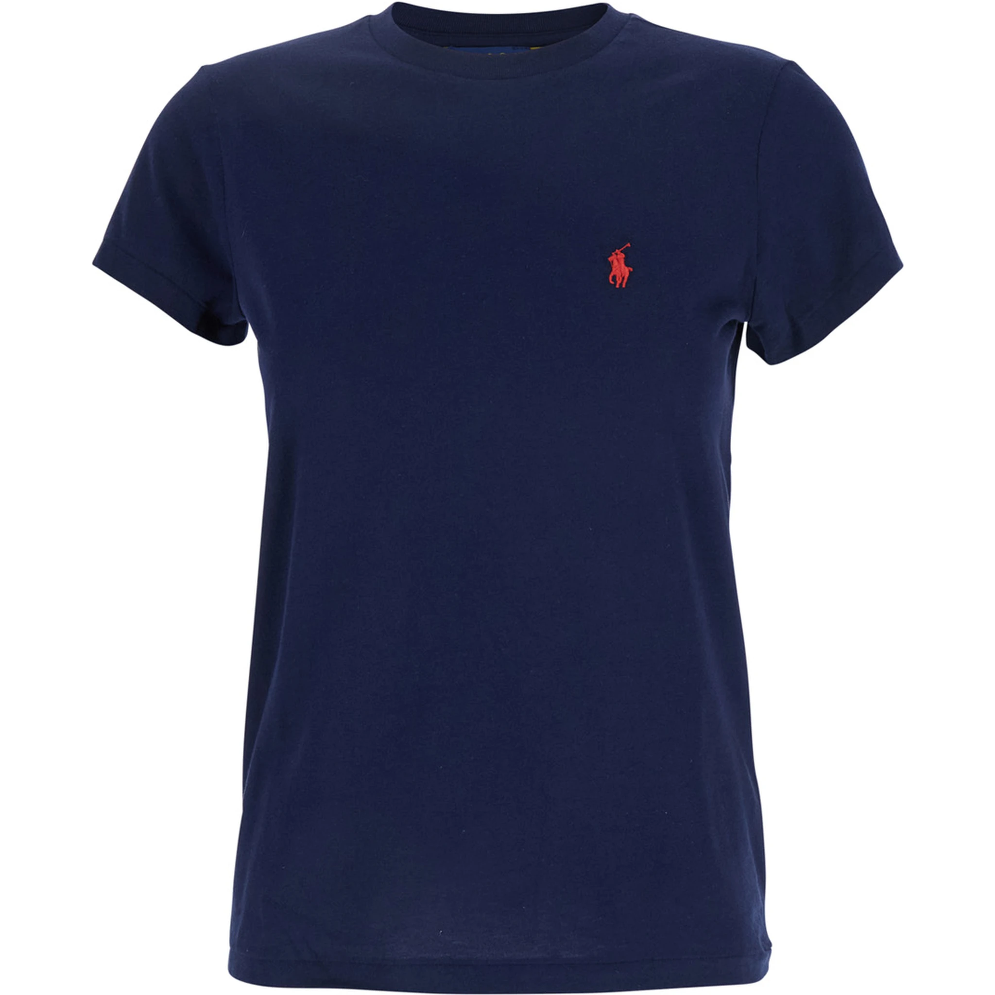 Blue Crewneck T-Shirt with Contrasting Logo Embrodery in Cotton Woman