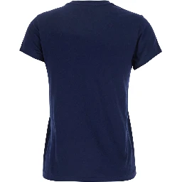 Blue Crewneck T-Shirt with Contrasting Logo Embrodery in Cotton Woman