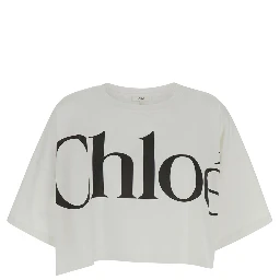 White Cropped T-Shirt with Logo Lettering Print in Cotton Woman
