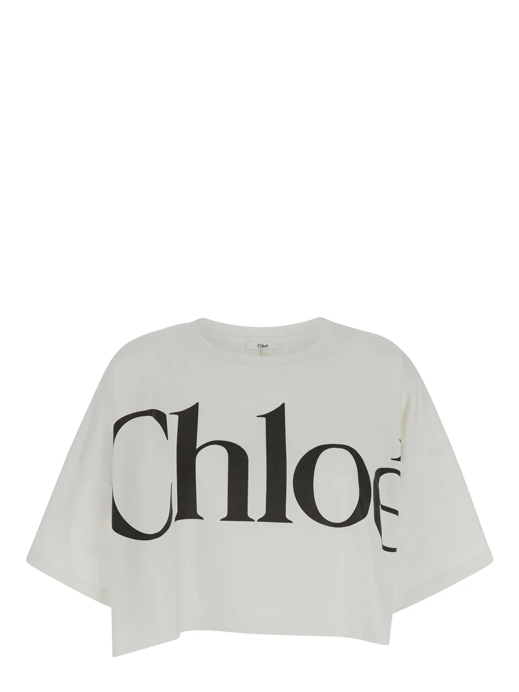 White Cropped T-Shirt with Logo Lettering Print in Cotton Woman