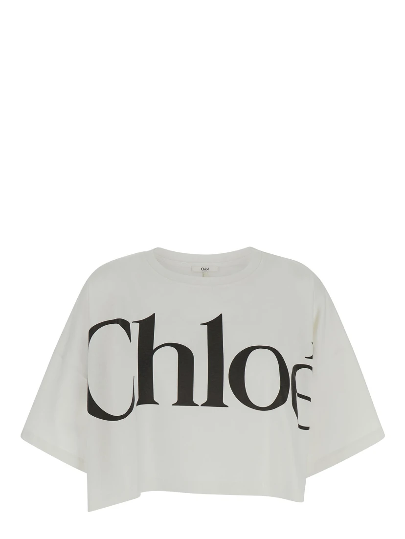 White Cropped T-Shirt with Logo Lettering Print in Cotton Woman