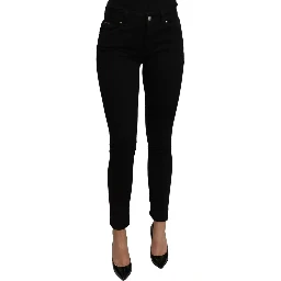 Black Mid Waist Slim Denim Cotton Stretch Jeans