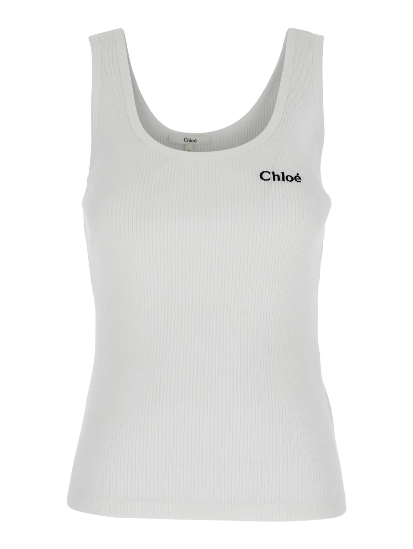 White Top with Logo Embroidered on the Front in Cotton Woman