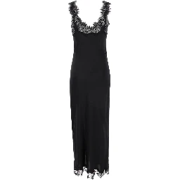 Miley Long Black Dress with Tonal Lace Trim in Silk Woman