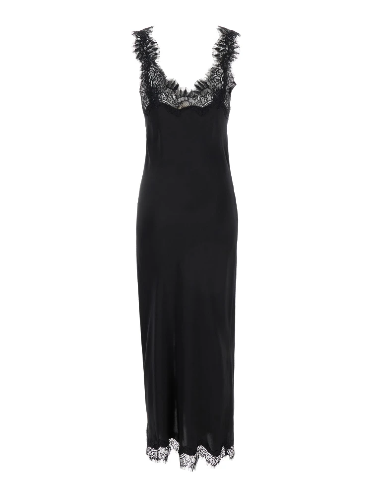 Miley Long Black Dress with Tonal Lace Trim in Silk Woman