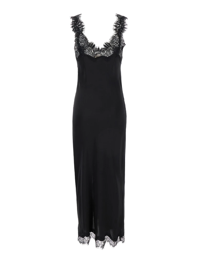 Miley Long Black Dress with Tonal Lace Trim in Silk Woman