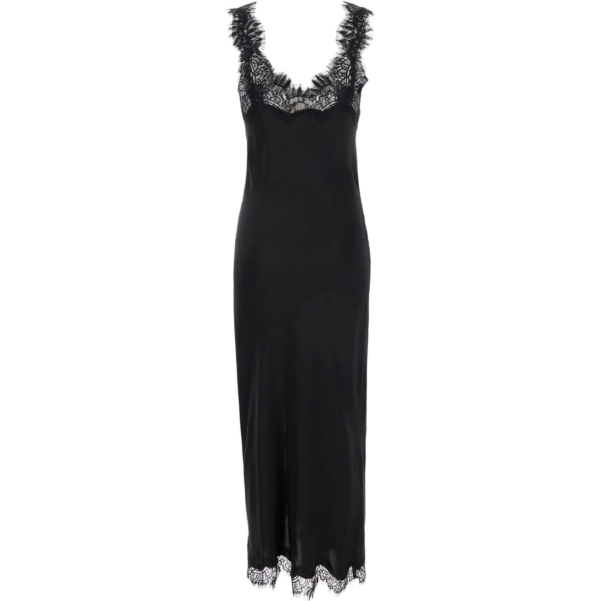 Miley Long Black Dress with Tonal Lace Trim in Silk Woman
