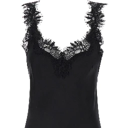 Miley Long Black Dress with Tonal Lace Trim in Silk Woman