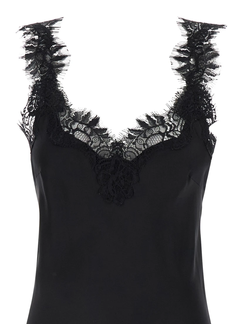 Miley Long Black Dress with Tonal Lace Trim in Silk Woman