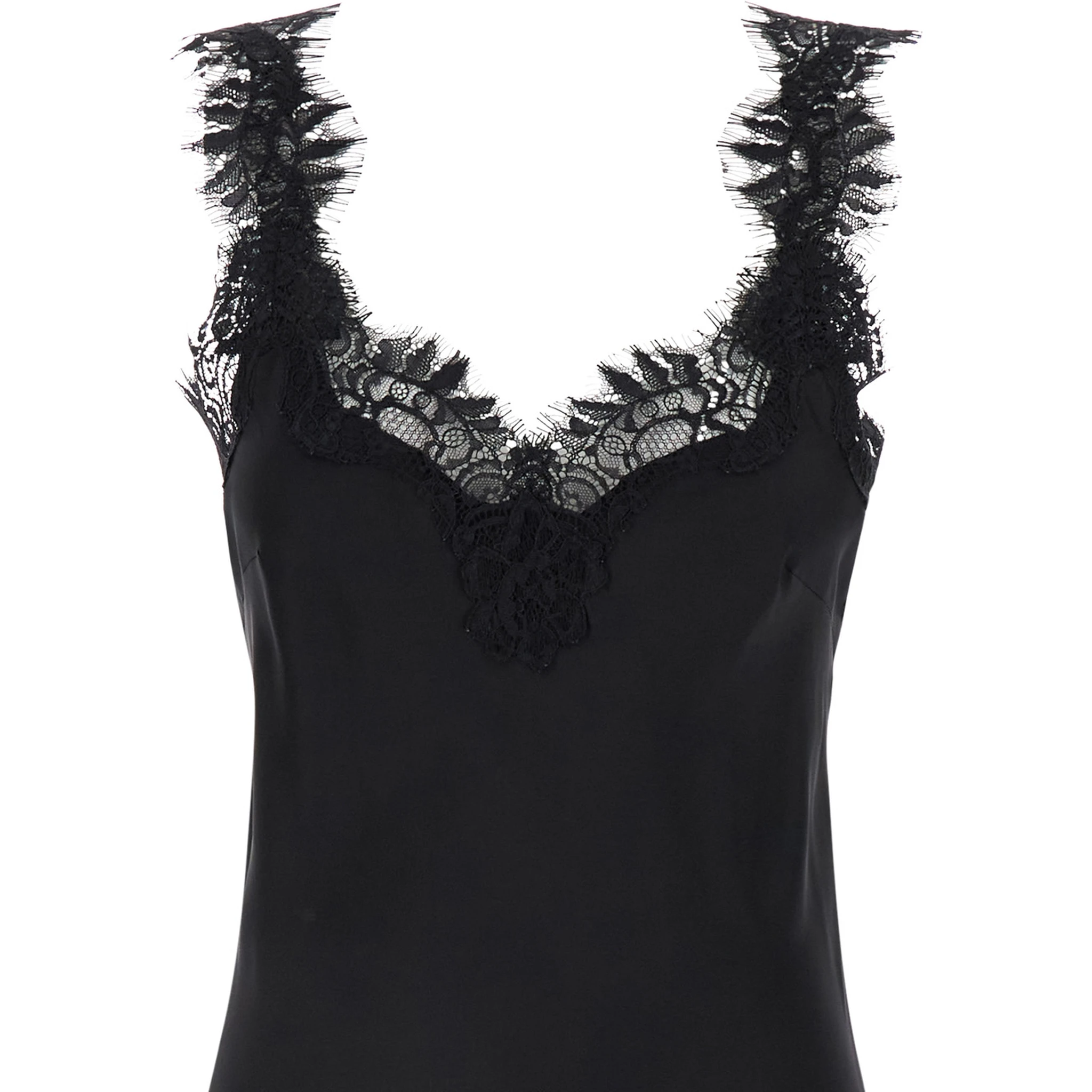 Miley Long Black Dress with Tonal Lace Trim in Silk Woman