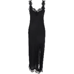 Miley Long Black Dress with Tonal Lace Trim in Silk Woman