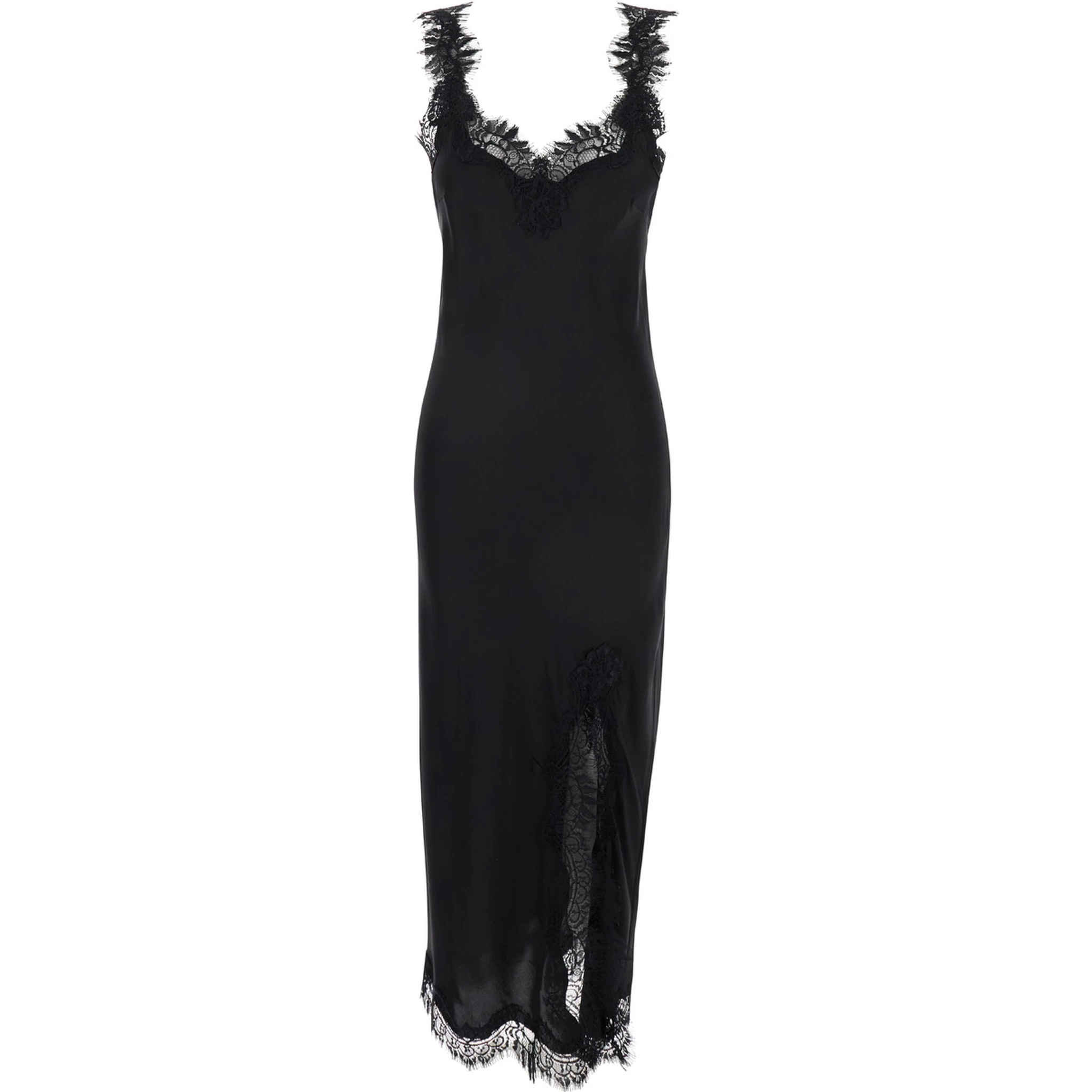 Miley Long Black Dress with Tonal Lace Trim in Silk Woman
