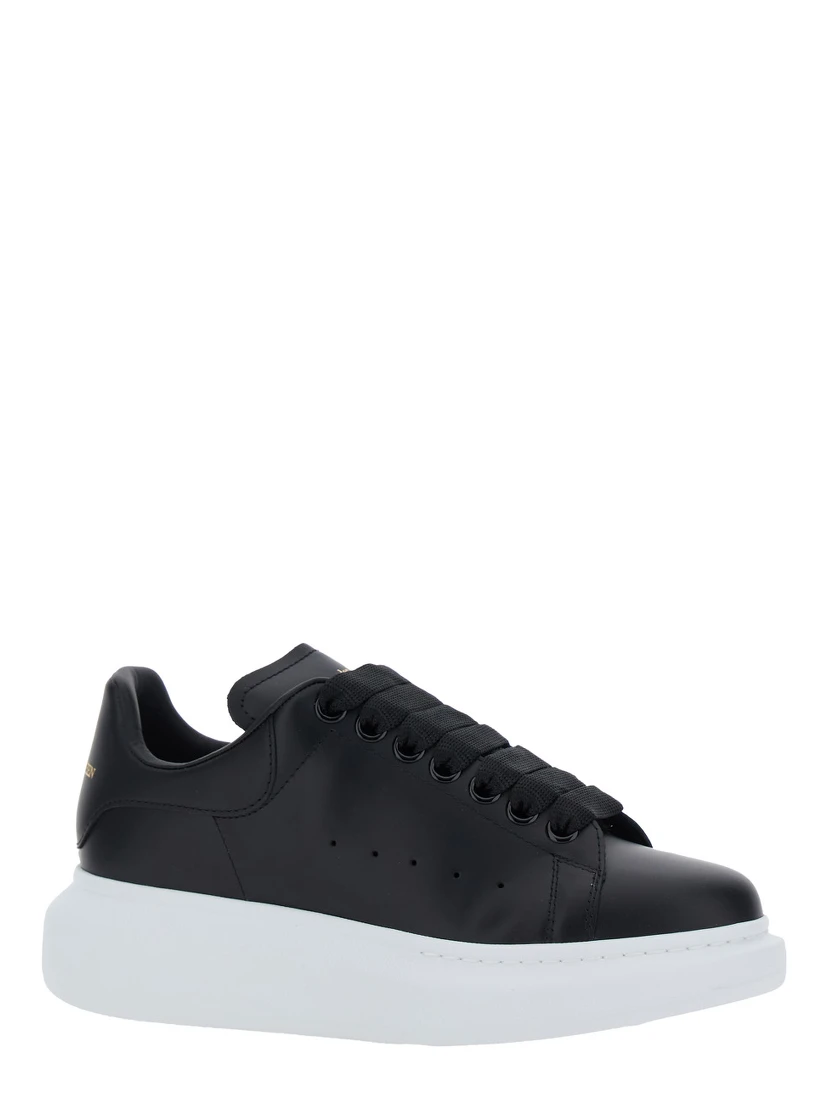Black Low Top Sneakers with Logo Lettering on Tongue and Heel in Leather Woman