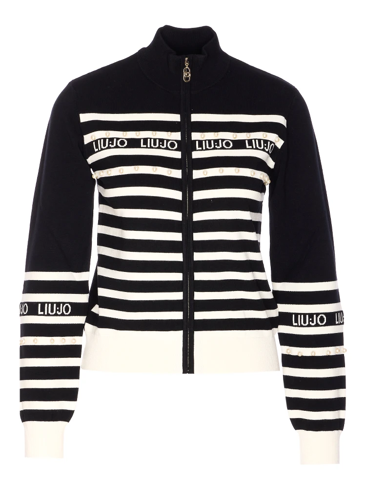 pearl-embellished striped cardigan