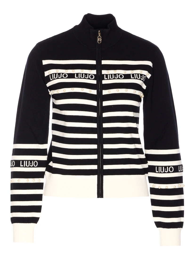 pearl-embellished striped cardigan