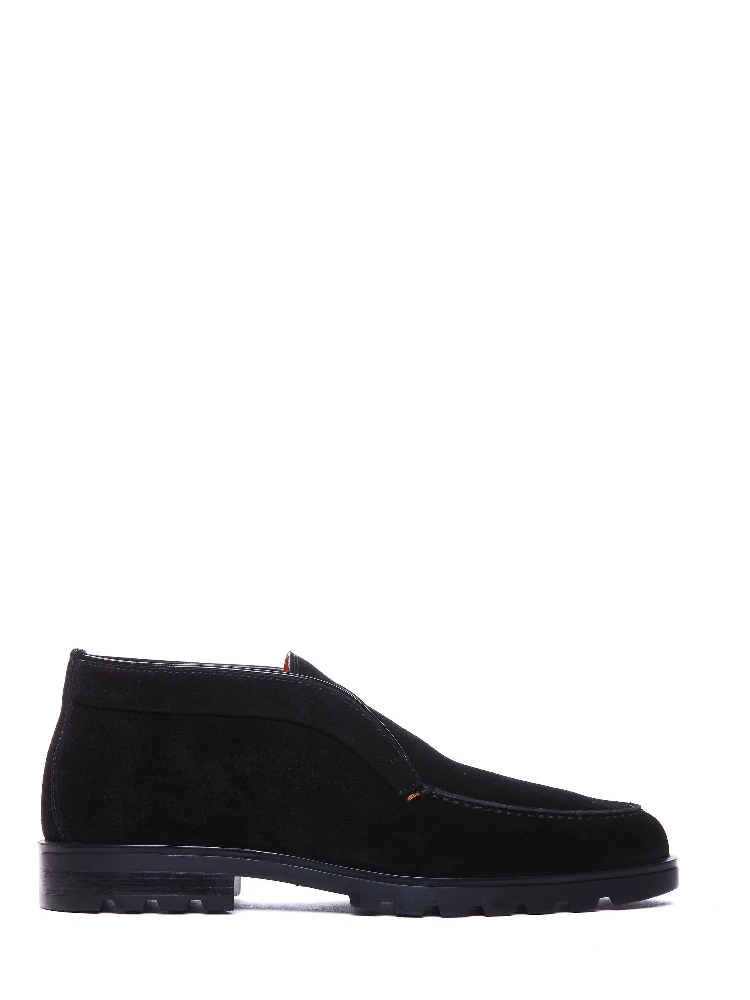 black Santoni slip-on suede boots