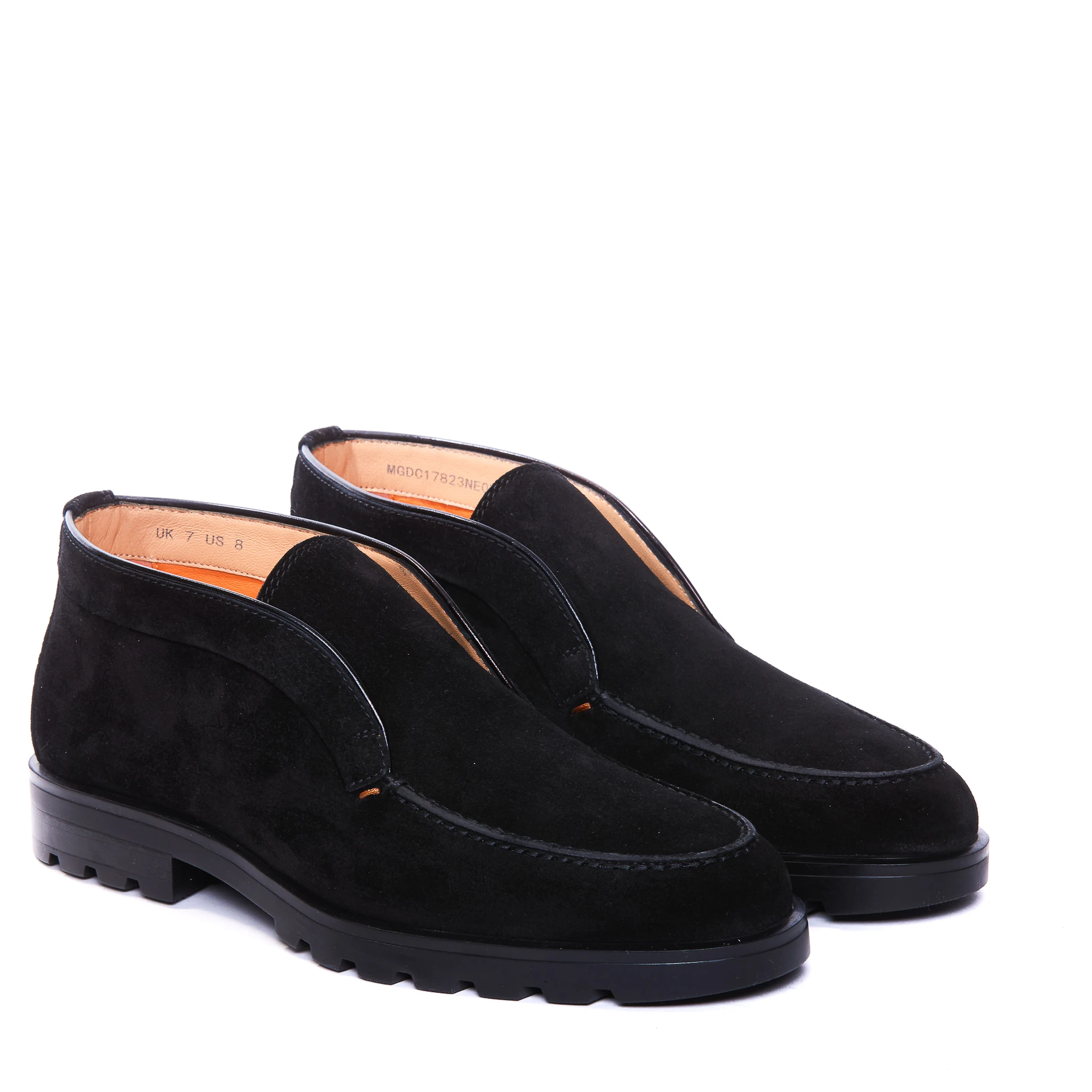 black Santoni slip-on suede boots