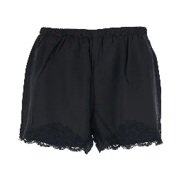 Black Shorts with Elastic Waist and Lace Details in Silk Woman
