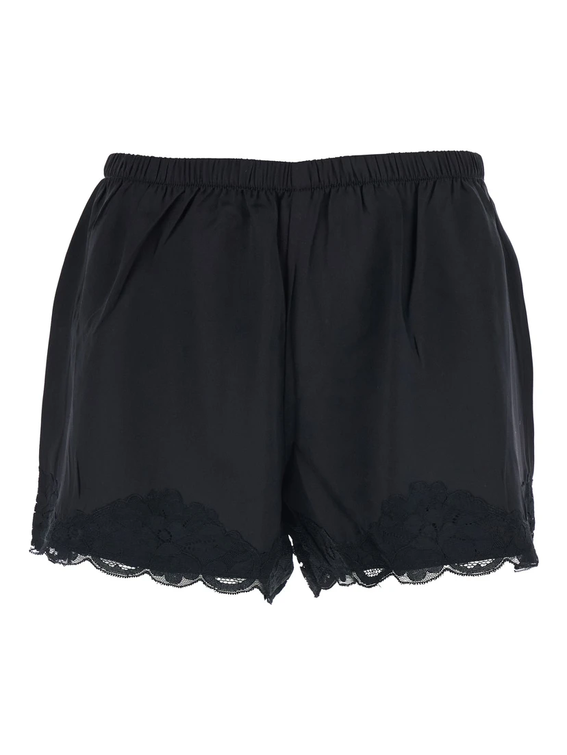 Black Shorts with Elastic Waist and Lace Details in Silk Woman