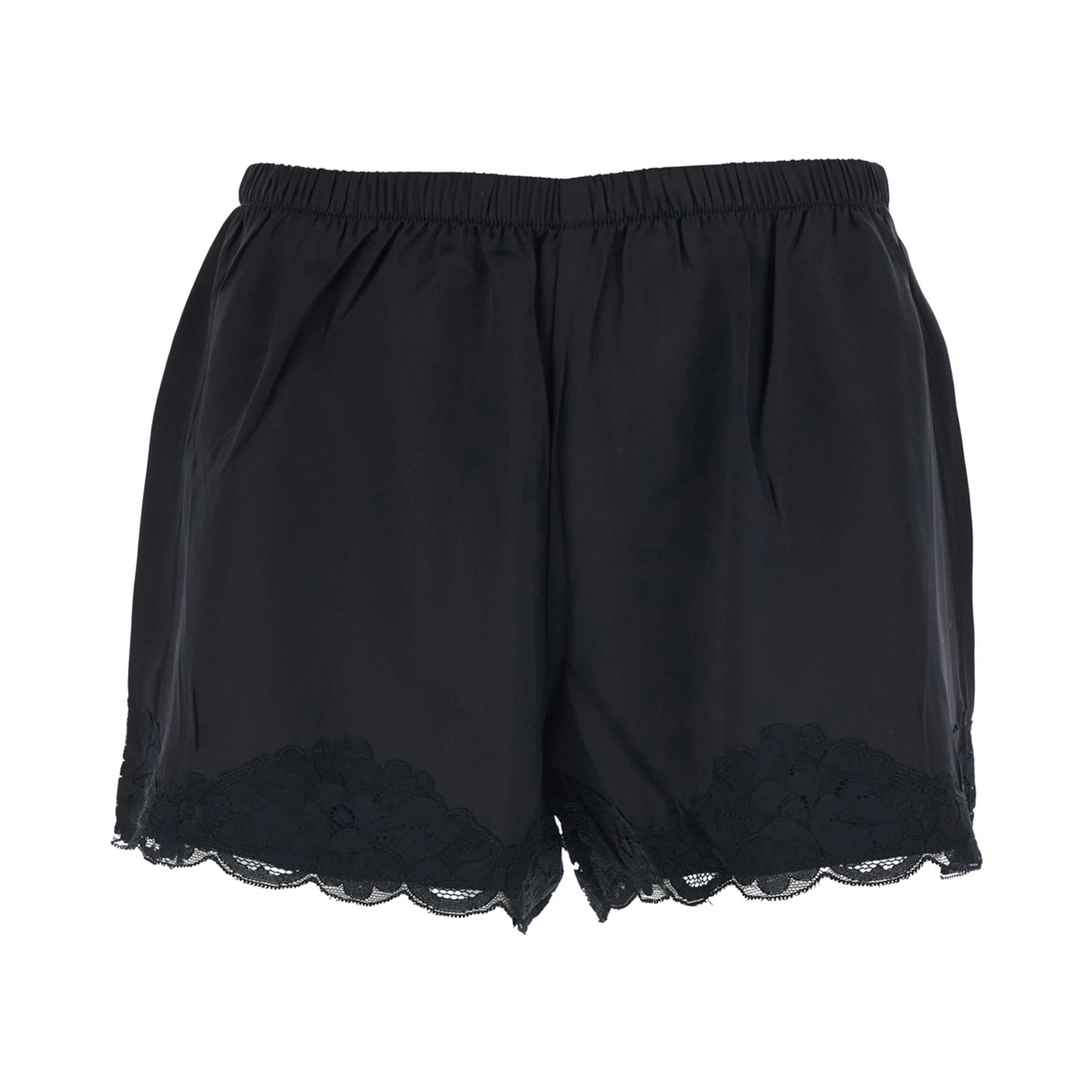 Black Shorts with Elastic Waist and Lace Details in Silk Woman