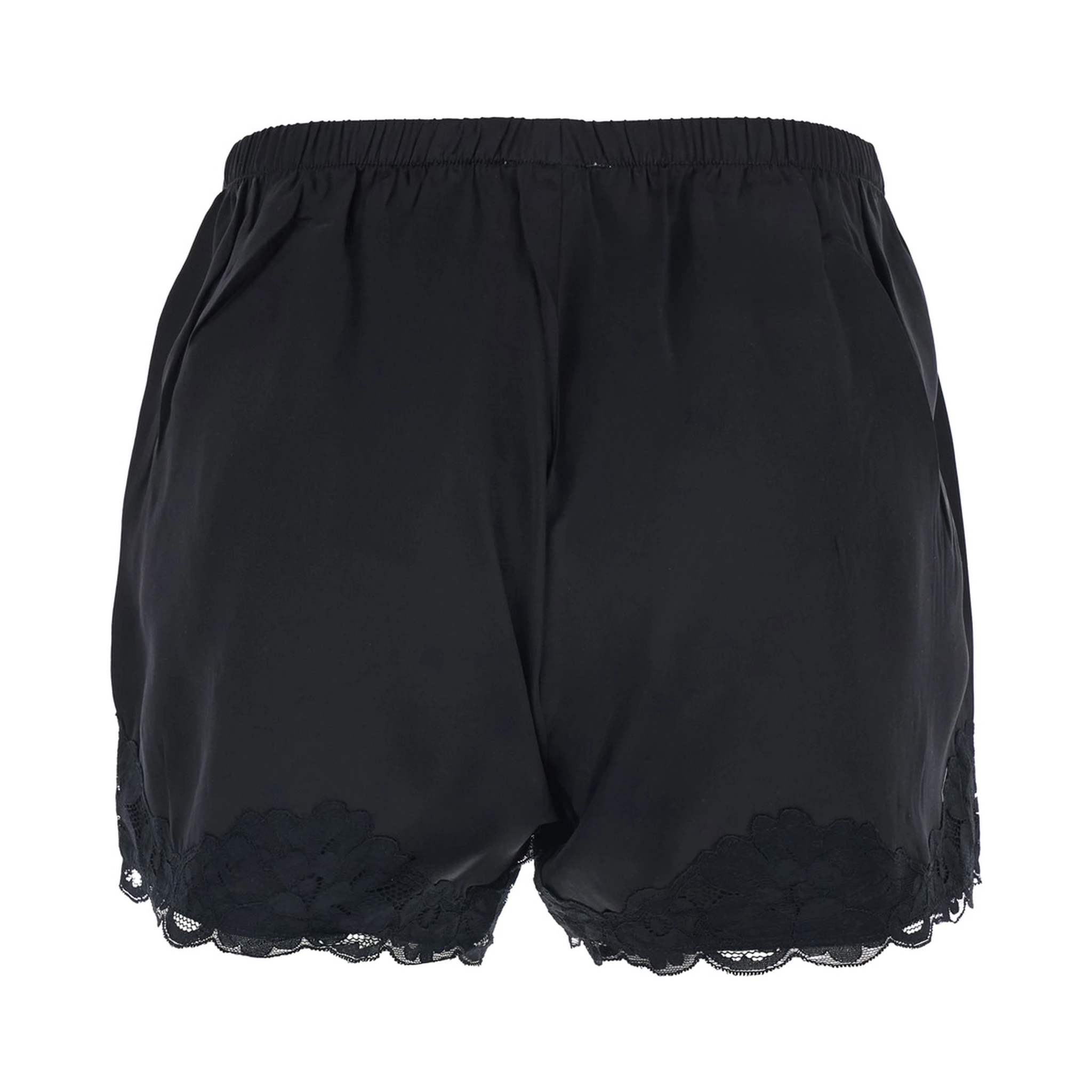 Black Shorts with Elastic Waist and Lace Details in Silk Woman
