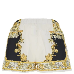 White Swim Shorts with Elastic Drawstring Waist and Coral Theatre Print in Tech Fabric Man