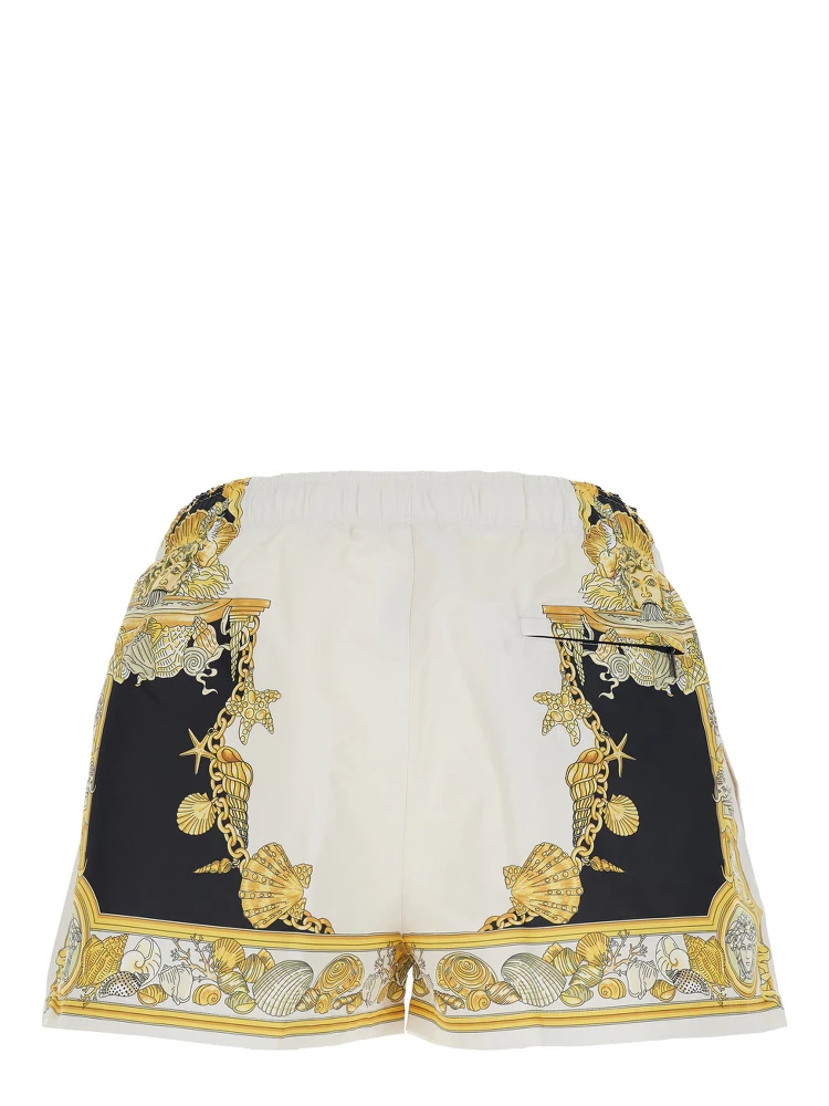 White Swim Shorts with Elastic Drawstring Waist and Coral Theatre Print in Tech Fabric Man