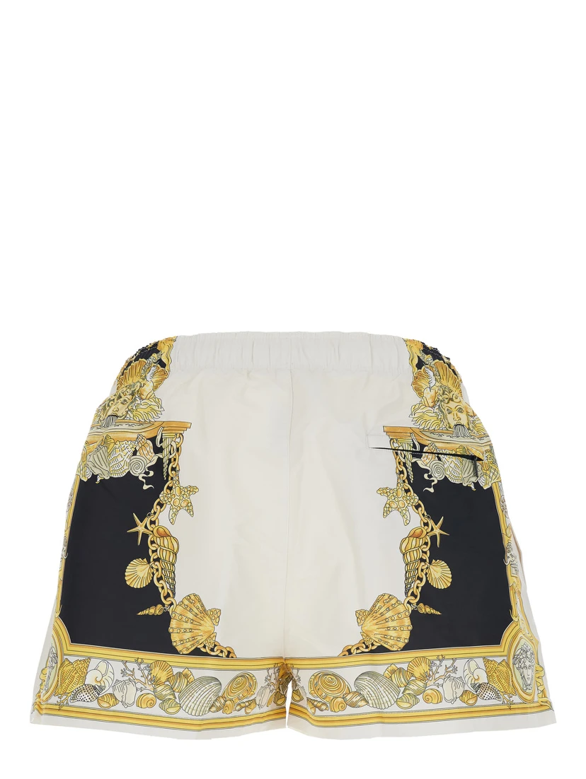 White Swim Shorts with Elastic Drawstring Waist and Coral Theatre Print in Tech Fabric Man