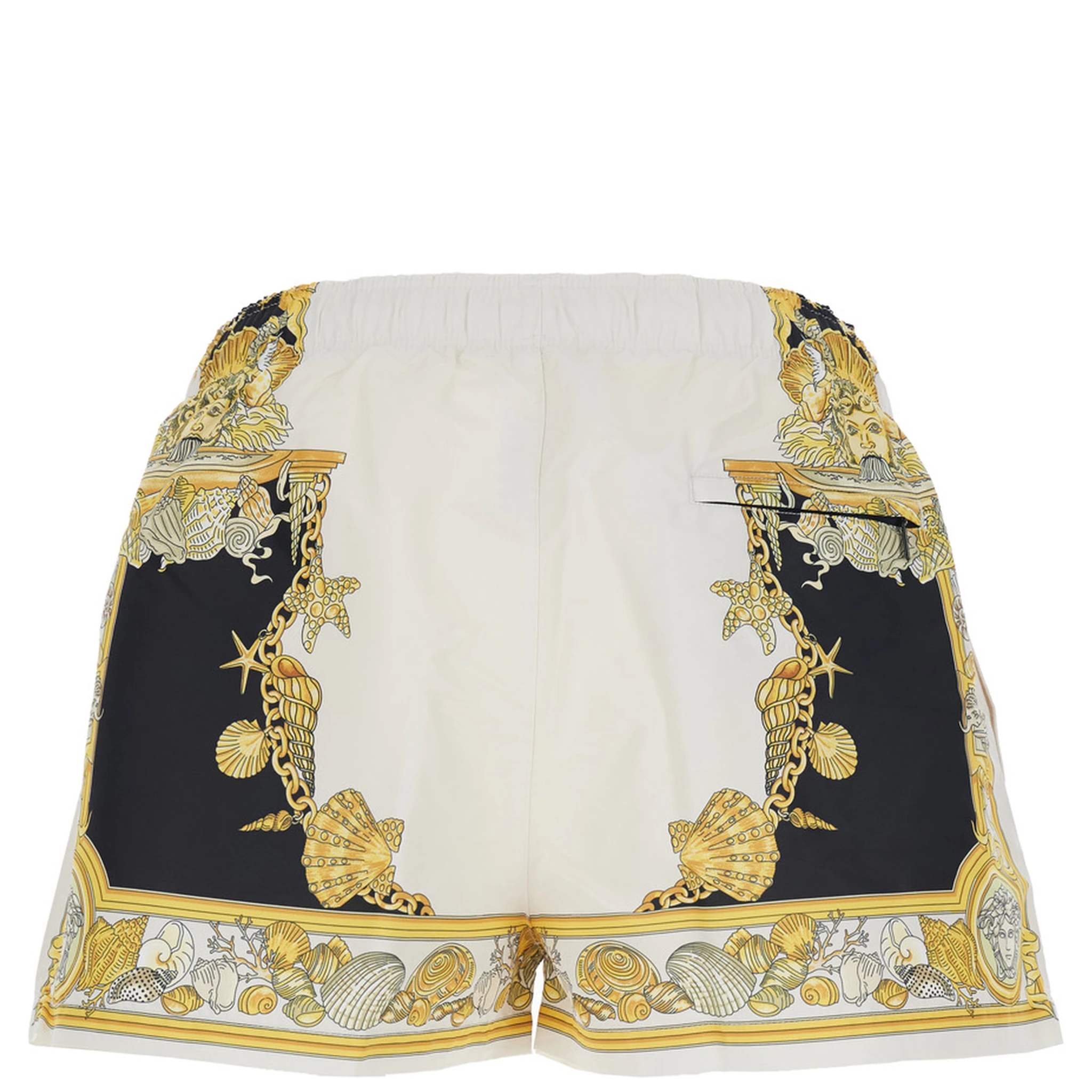 White Swim Shorts with Elastic Drawstring Waist and Coral Theatre Print in Tech Fabric Man