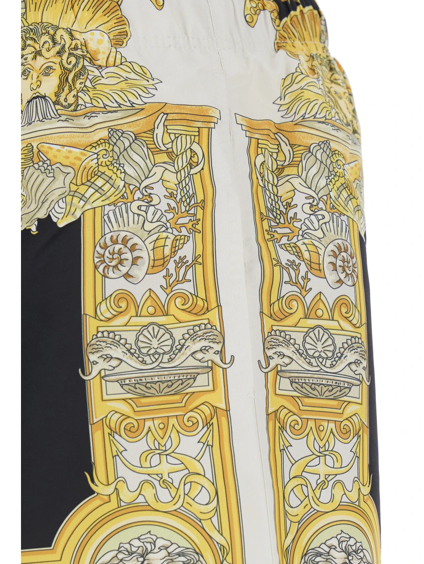 White Swim Shorts with Elastic Drawstring Waist and Coral Theatre Print in Tech Fabric Man