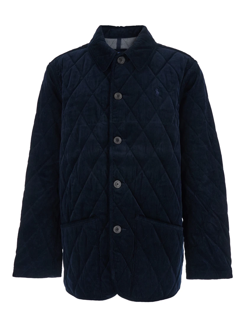 Blue Jacket with Classic Collar and Pony Embroidery on the Front in Quilted Corduroy Man