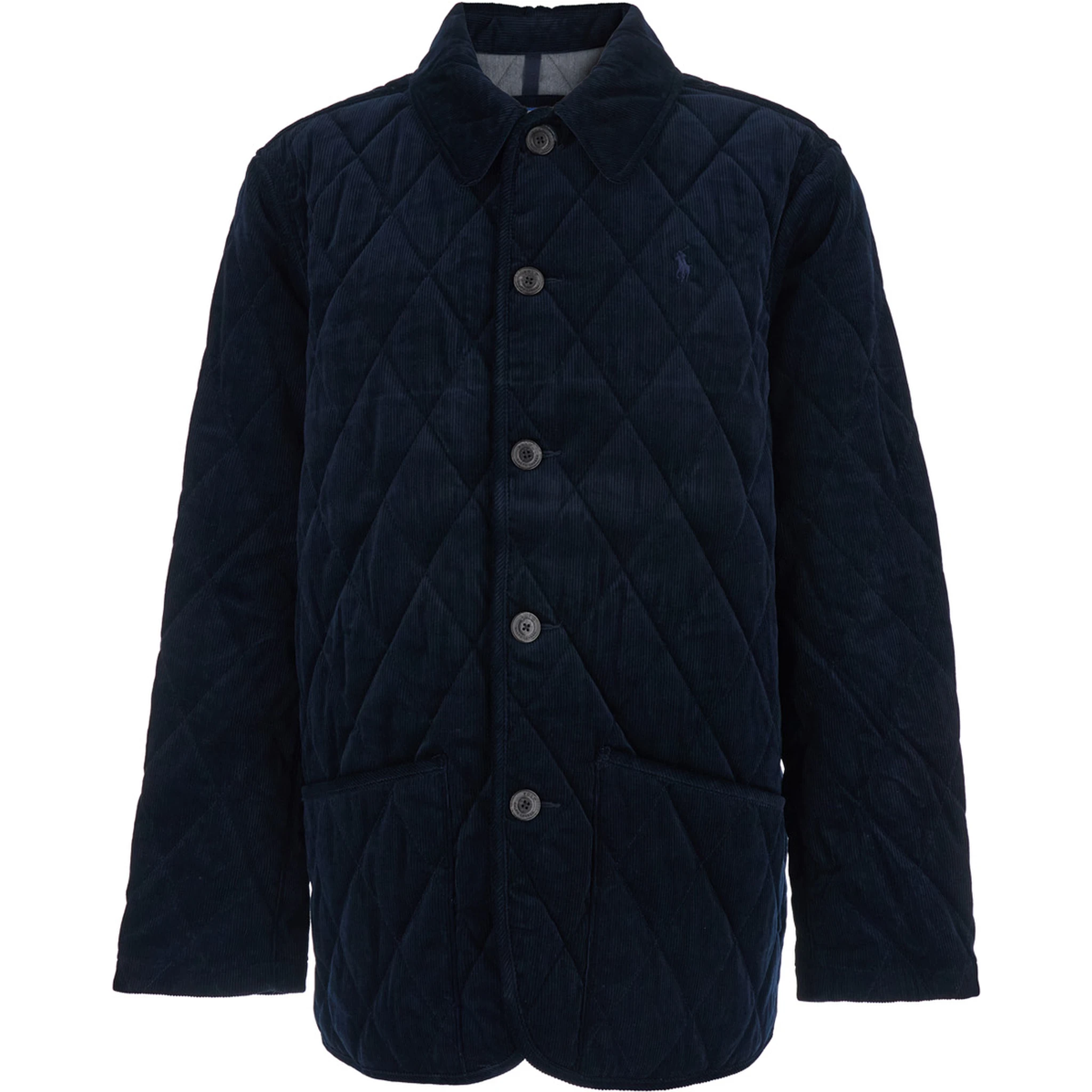 Blue Jacket with Classic Collar and Pony Embroidery on the Front in Quilted Corduroy Man