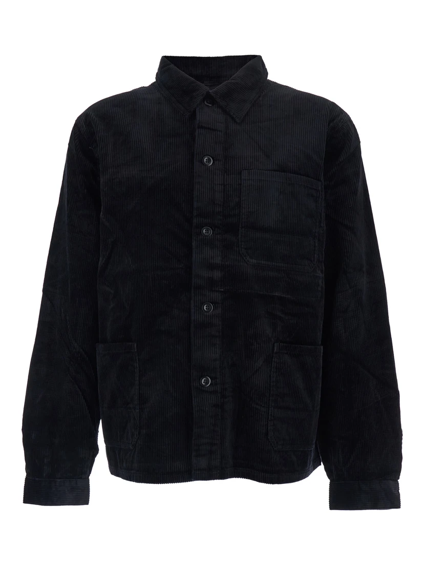 Black Jacket with Classic Collar and One Front Patch Pocket in Corduroy Woman