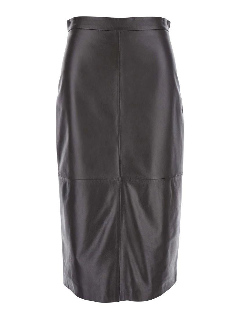 Kinder Black Midi Skirt with Rear Single Slit in Leather Woman