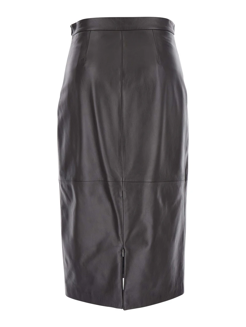 Kinder Black Midi Skirt with Rear Single Slit in Leather Woman