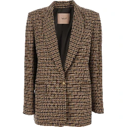 Beige Single-Breasted Jacket with All-Over Check Motif in Wool Blend Woman