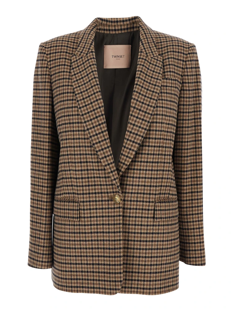 Beige Single-Breasted Jacket with All-Over Check Motif in Wool Blend Woman