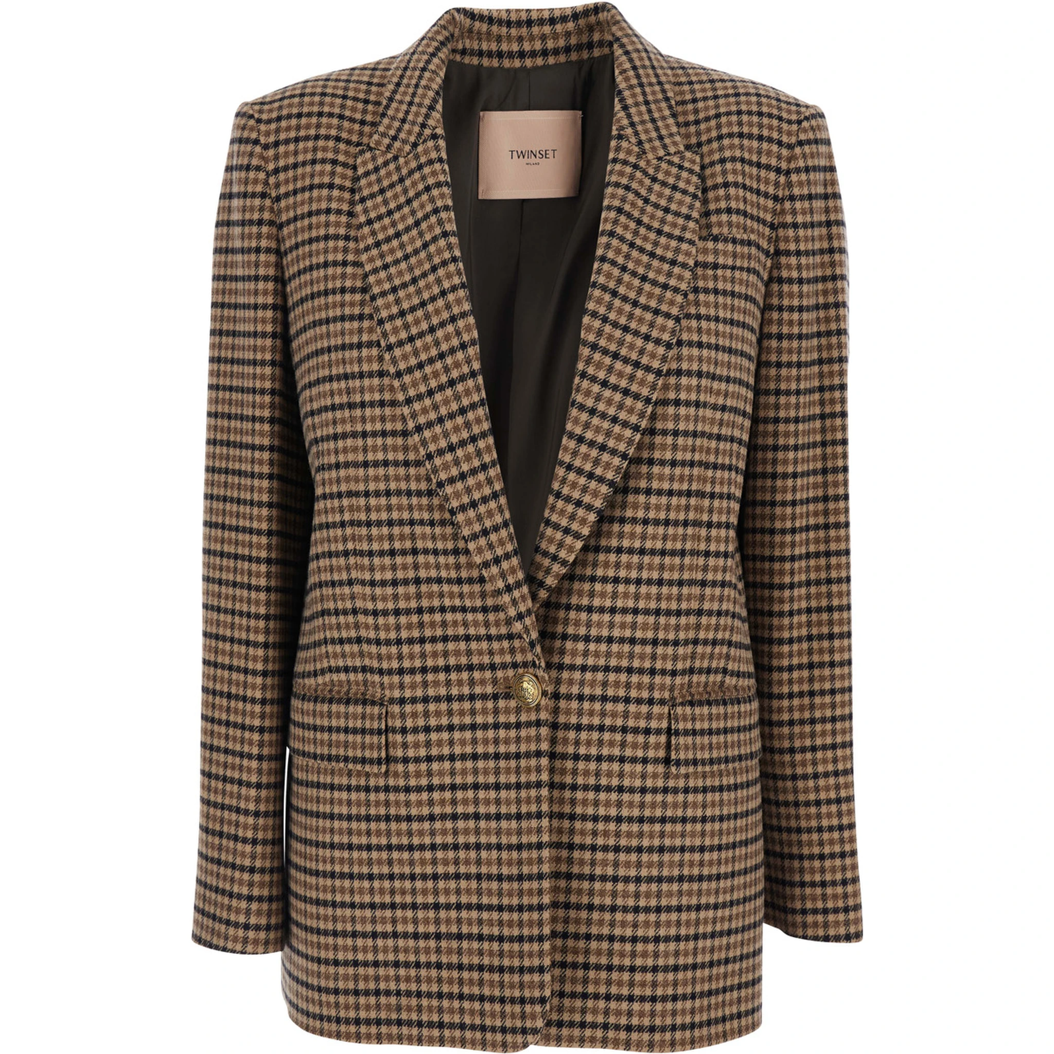 Beige Single-Breasted Jacket with All-Over Check Motif in Wool Blend Woman