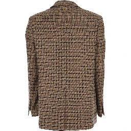 Beige Single-Breasted Jacket with All-Over Check Motif in Wool Blend Woman