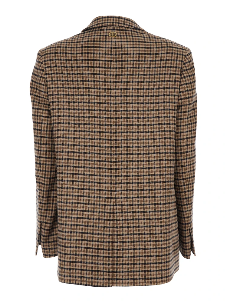 Beige Single-Breasted Jacket with All-Over Check Motif in Wool Blend Woman alternative