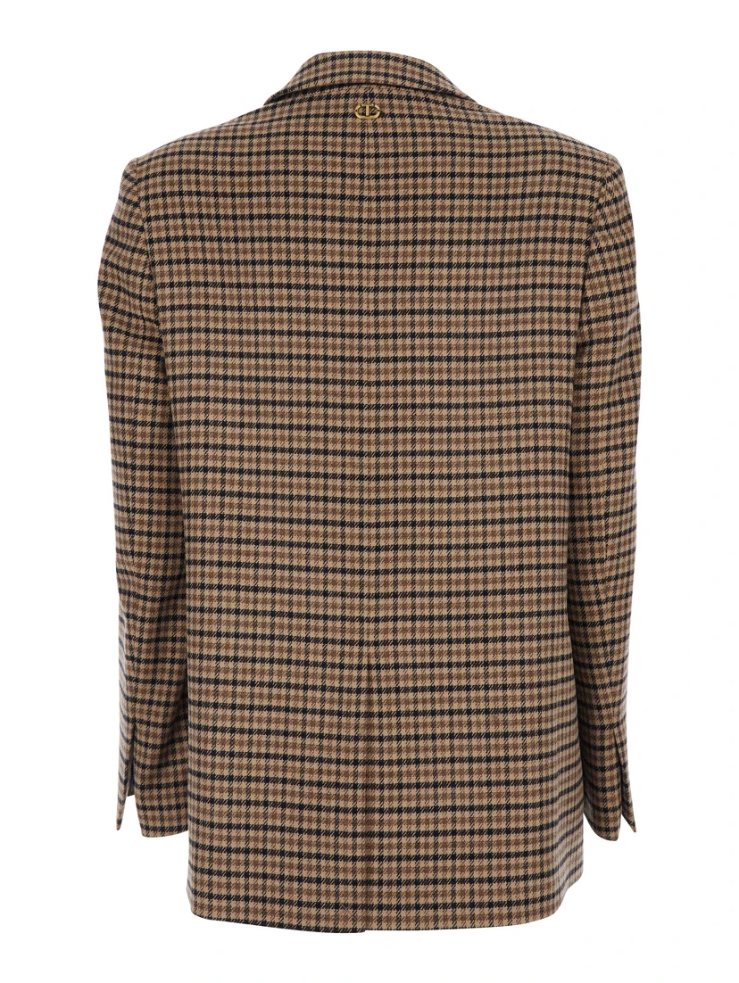 Beige Single-Breasted Jacket with All-Over Check Motif in Wool Blend Woman