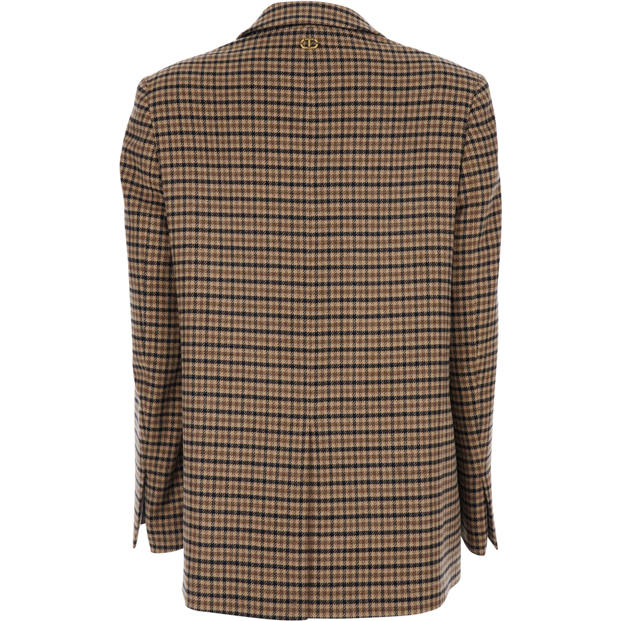 Beige Single-Breasted Jacket with All-Over Check Motif in Wool Blend Woman