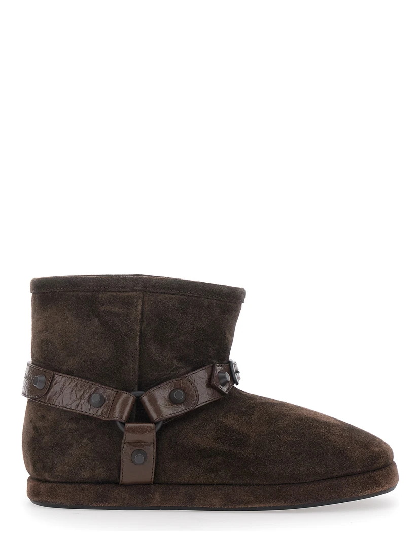 Alaska Brown Ankle Boots with Leather Belt and Logo Lettering on the Rear in Suede Woman