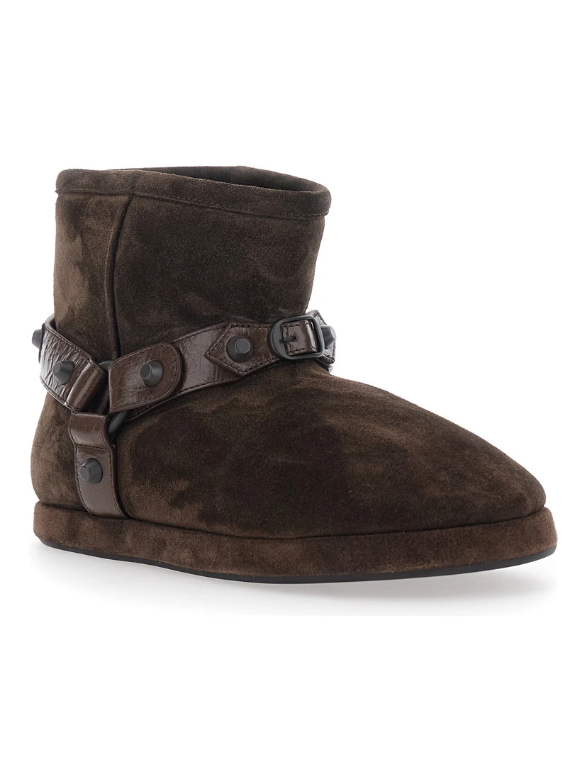 Alaska Brown Ankle Boots with Leather Belt and Logo Lettering on the Rear in Suede Woman