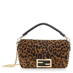 Baguette Brown Handbag with Removable Chain Shoulder Strap and All-Over Leopard Motif in Leather Woman